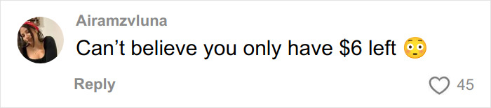 Comment on social media showing disbelief about having only six dollars left during a survival challenge in NYC. Comment on social media showing disbelief about having only six dollars left during a survival challenge in NYC.