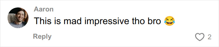 Comment from Aaron saying This is mad impressive tho bro with a laughing emoji reacting to a comedian surviving 27 days in NYC on $100. Comment from Aaron saying This is mad impressive tho bro with a laughing emoji reacting to a comedian surviving 27 days in NYC on $100.