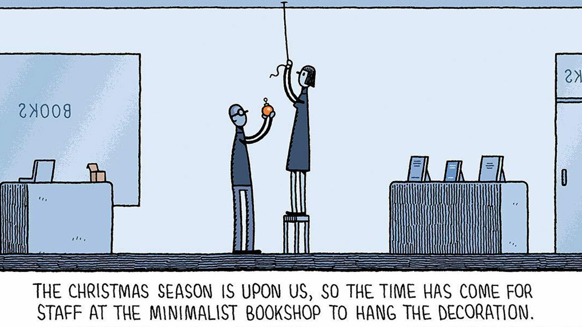 Comic illustration showing minimalist bookshop staff hanging a Christmas decoration, highlighting art and books in science themes.