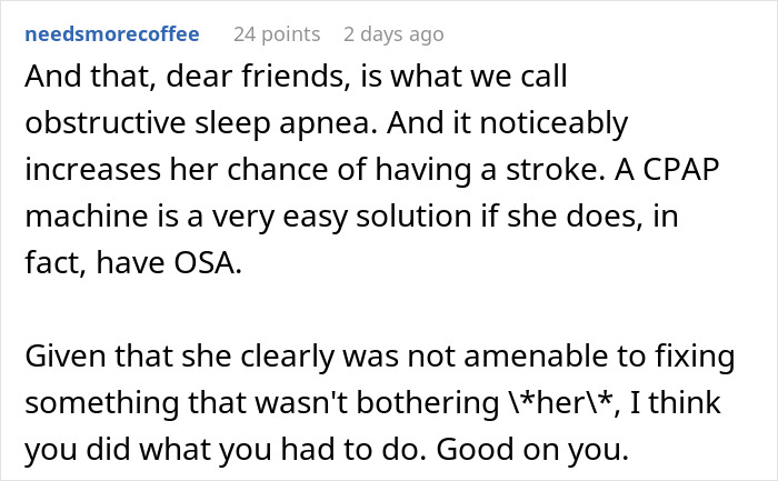 User reading a comment about obstructive sleep apnea and roommate snoring causing sleep issues late at night.
