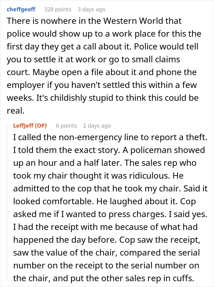 Comment exchange about police involvement after theft of a $1.8K office chair and workplace consequences discussed.