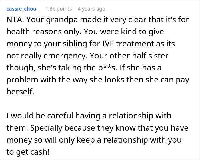 Comment discussing a woman suing half-brother over family health fund misuse for plastic surgeries. Comment discussing a woman suing half-brother over family health fund misuse for plastic surgeries.