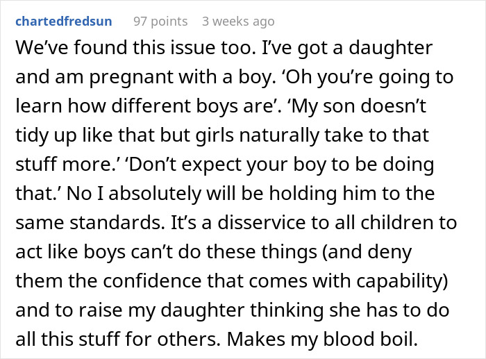 Comment discussing mom refusing to discipline son for bullying, blaming behavior on his gender at playground. Comment discussing mom refusing to discipline son for bullying, blaming behavior on his gender at playground.