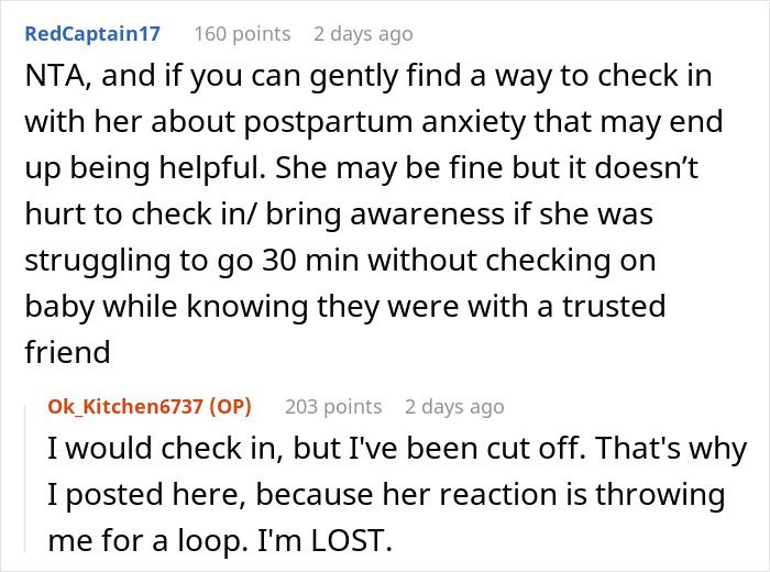 Screenshot of a forum conversation about a friend babysitting overnight and a mom's panic calls every 30 minutes. Screenshot of a forum conversation about a friend babysitting overnight and a mom's panic calls every 30 minutes.