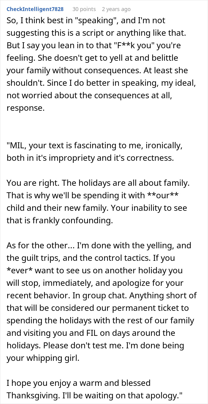 Text post showing a woman explaining MIL’s harsh behavior after wanting to celebrate Thanksgiving with her kid. Text post showing a woman explaining MIL’s harsh behavior after wanting to celebrate Thanksgiving with her kid.