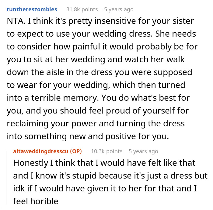 Reddit conversation about sister’s wedding dress, discussing remaking dress instead of giving it away and emotional impact. Reddit conversation about sister’s wedding dress, discussing remaking dress instead of giving it away and emotional impact.