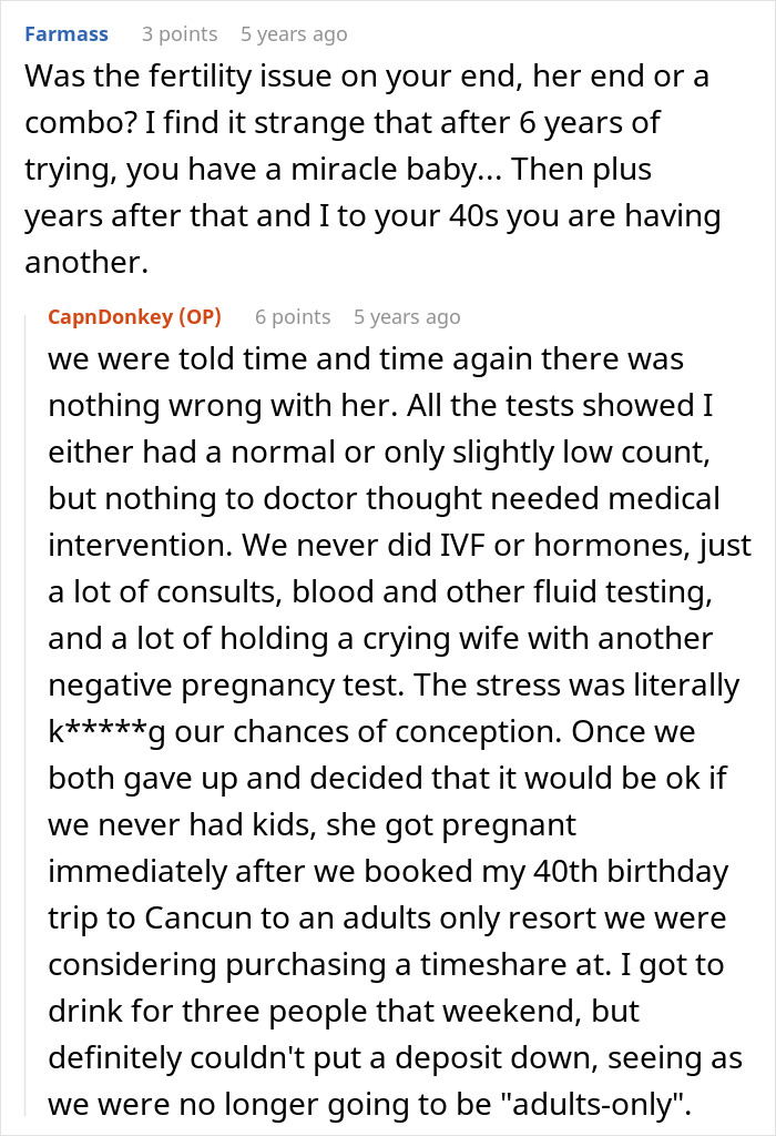 Screenshot of a Reddit conversation discussing fertility challenges and a surprise pregnancy after years of trying.