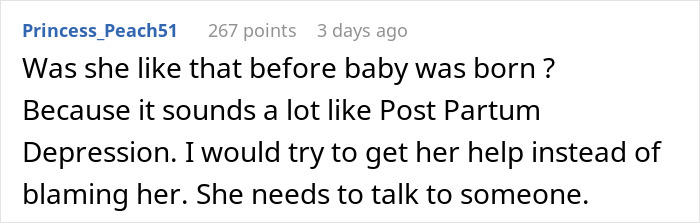 Comment about postpartum depression, suggesting help and conversation for stay-at-home mom facing challenges Comment about postpartum depression, suggesting help and conversation for stay-at-home mom facing challenges