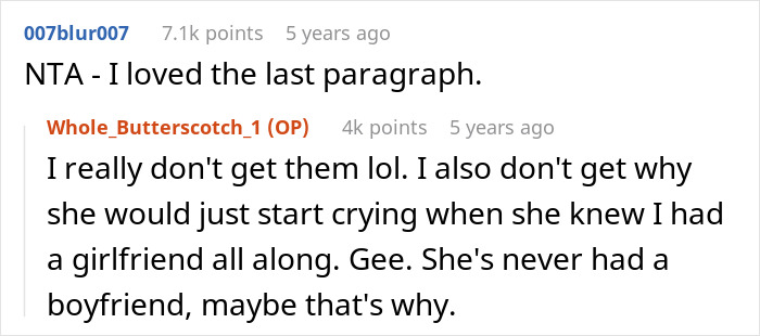 Screenshot of an online discussion where a guy is irked by a friend wanting to sit on his lap after she cries. Screenshot of an online discussion where a guy is irked by a friend wanting to sit on his lap after she cries.