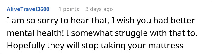 Screenshot of an online comment expressing sympathy for a person with depression whose parents removed her mattress for sleeping.