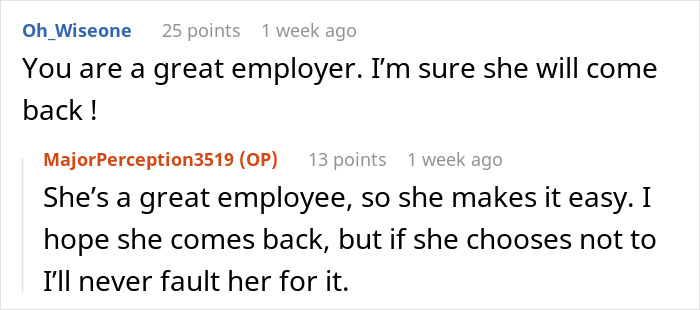 Screenshot of an online discussion about a boss wondering if they should ask an employee if she’s pregnant in a right to fire state.