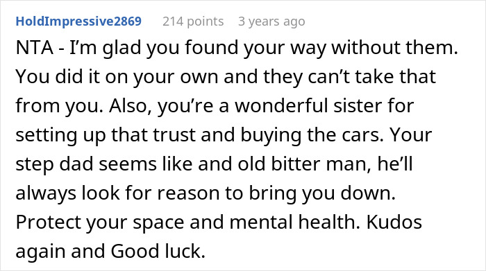 Comment praising woman accused of flexing wealth after giving stepsiblings cars and cash, highlighting stepdad's bitterness. Comment praising woman accused of flexing wealth after giving stepsiblings cars and cash, highlighting stepdad's bitterness.