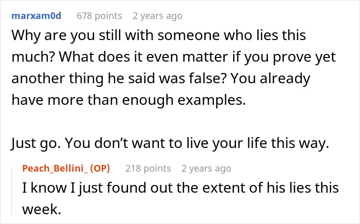 Screenshot of a Reddit conversation discussing a man lying about his master’s degree and the wife uncovering the truth. Screenshot of a Reddit conversation discussing a man lying about his master’s degree and the wife uncovering the truth.
