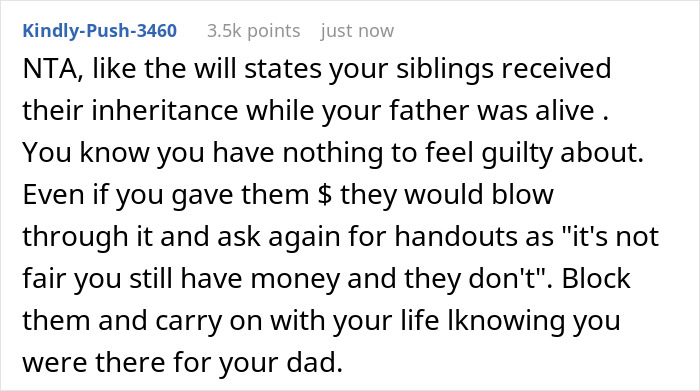 Reddit comment discussing entitled siblings reacting after learning dad cut them from his will and influence on his decision. Reddit comment discussing entitled siblings reacting after learning dad cut them from his will and influence on his decision.