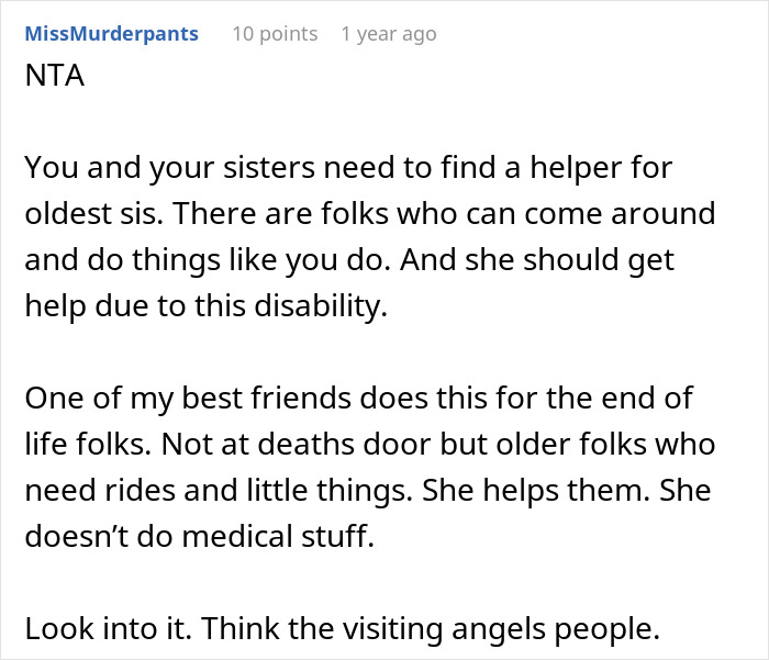 Caretaker frustrated by constant guilt trips after years of sacrificing career, seeking support for sister's disability needs. Caretaker frustrated by constant guilt trips after years of sacrificing career, seeking support for sister's disability needs.