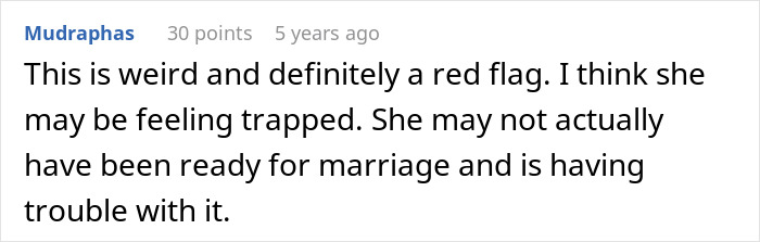 Screenshot of an online comment expressing concern about a wife possibly feeling trapped in marriage, confusing the husband. Screenshot of an online comment expressing concern about a wife possibly feeling trapped in marriage, confusing the husband.