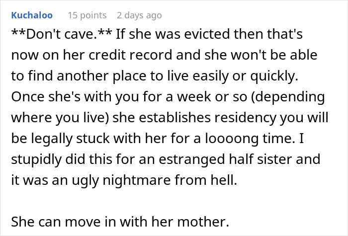 Screenshot of a Reddit comment discussing legal issues when a homeless sister-in-law tries to move in with family members. Screenshot of a Reddit comment discussing legal issues when a homeless sister-in-law tries to move in with family members.