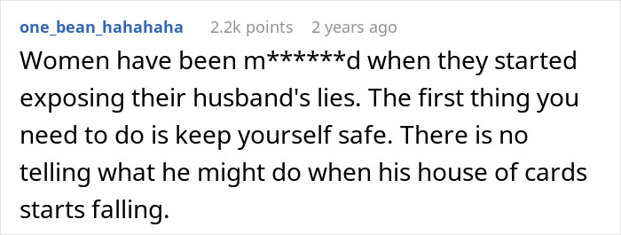 Screenshot of an online comment discussing a wife exposing her husband’s lies about a master’s degree. Screenshot of an online comment discussing a wife exposing her husband’s lies about a master’s degree.