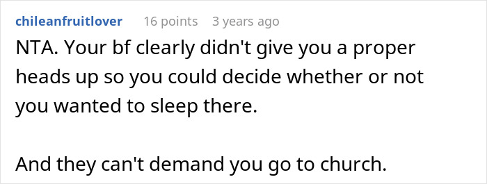 Reddit comment discussing MIL making son's girlfriend sleep in a different room and conflict over praying or going to church.