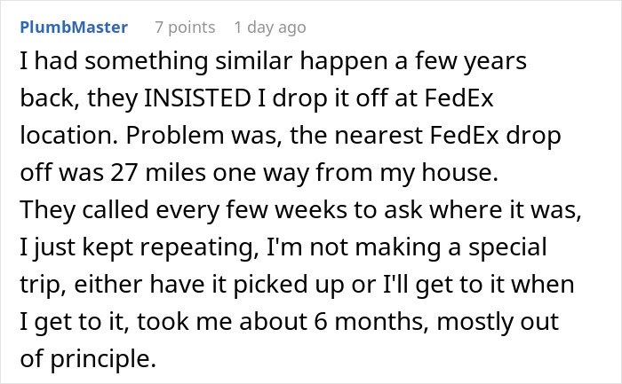 Comment describing a frustrating experience with a company sending packages to the wrong address and expecting return at customer’s expense.