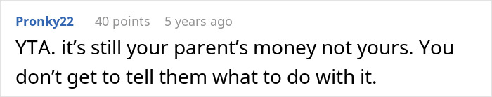 Screenshot of an online comment discussing parents planning to use 16-year-old's college fund for cat surgery and teen's refusal. Screenshot of an online comment discussing parents planning to use 16-year-old's college fund for cat surgery and teen's refusal.