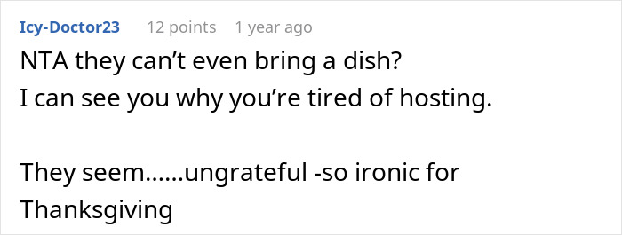 Screenshot of a forum comment discussing a woman tired of hosting a traditional family Thanksgiving and being called selfish by sisters. Screenshot of a forum comment discussing a woman tired of hosting a traditional family Thanksgiving and being called selfish by sisters.