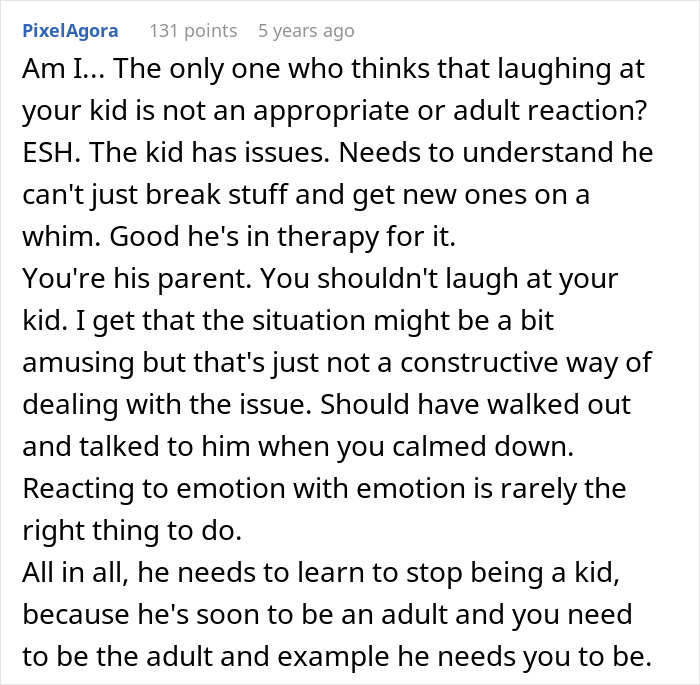 Commenter discusses teen breaking new chair and asks dad to replace it, emphasizing need for responsible behavior and parenting. Commenter discusses teen breaking new chair and asks dad to replace it, emphasizing need for responsible behavior and parenting.
