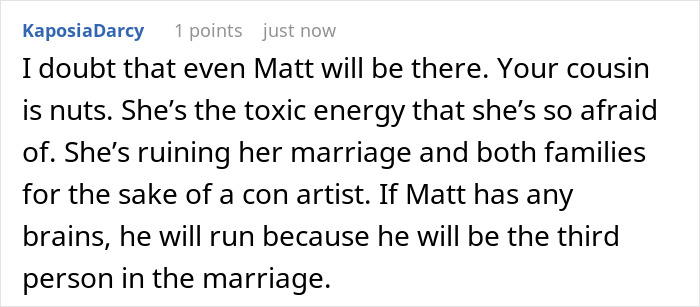 Comment expressing doubt about Matt attending and calling the spiritual bride toxic energy causing chaos before wedding. Comment expressing doubt about Matt attending and calling the spiritual bride toxic energy causing chaos before wedding.