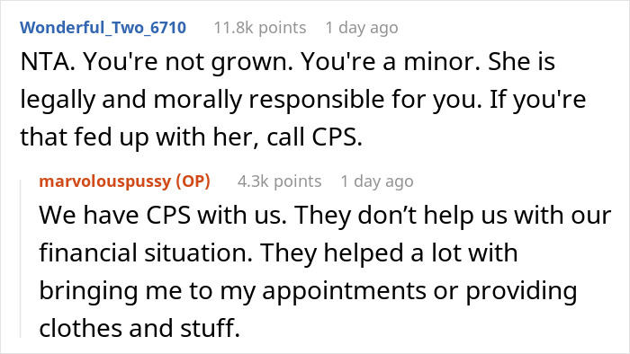 Screenshot of a Reddit discussion about a 17-year-old calling out mom for retiring from parenting and making kids buy their own food. Screenshot of a Reddit discussion about a 17-year-old calling out mom for retiring from parenting and making kids buy their own food.