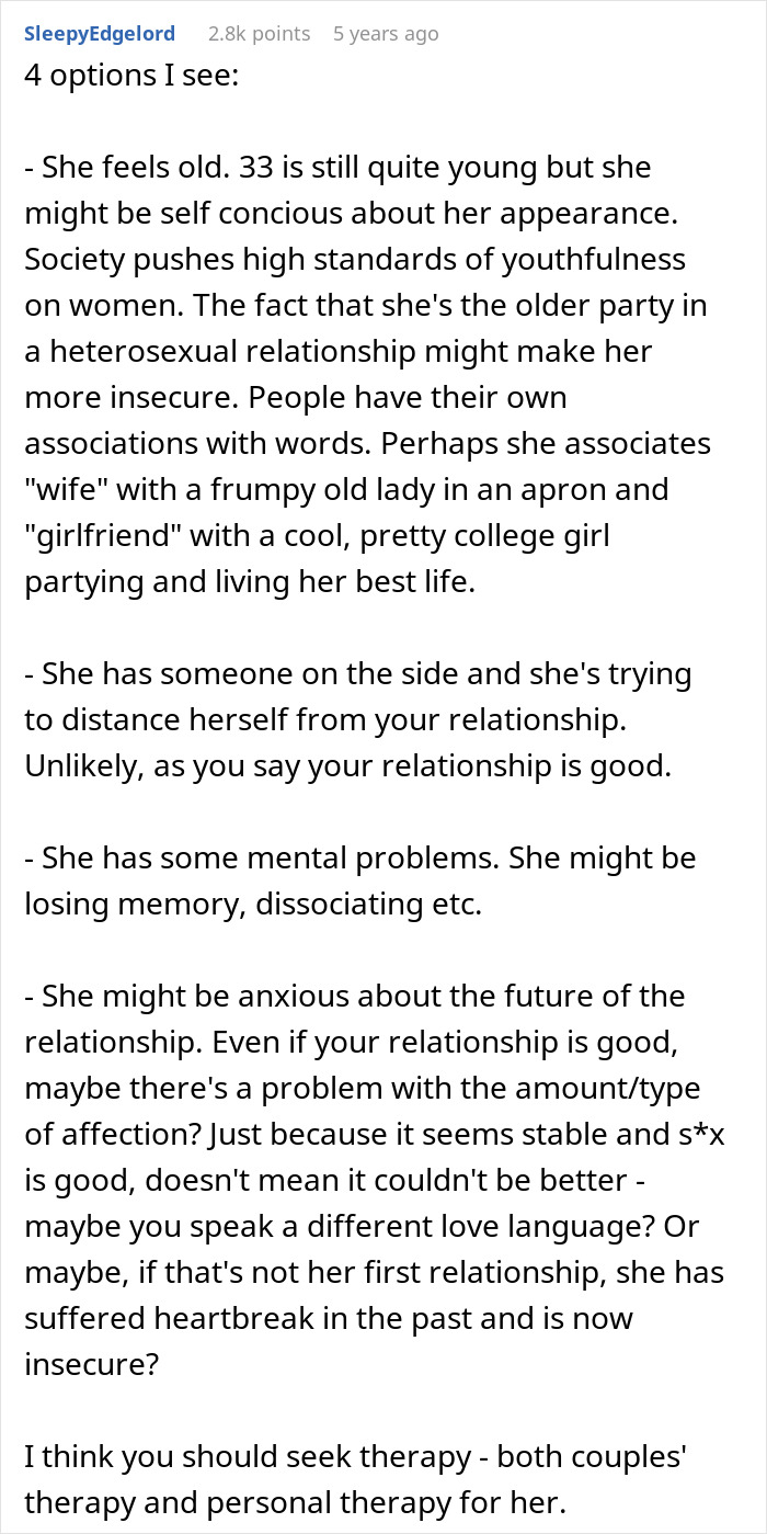 Alt text: Husband confused and bewildered at wife who seems to forget their wedding and marriage details. Alt text: Husband confused and bewildered at wife who seems to forget their wedding and marriage details.