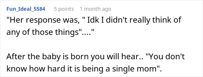 Screenshot of a social media comment discussing an irresponsible friend’s bad decisions and news of a pregnancy. Screenshot of a social media comment discussing an irresponsible friend’s bad decisions and news of a pregnancy.
