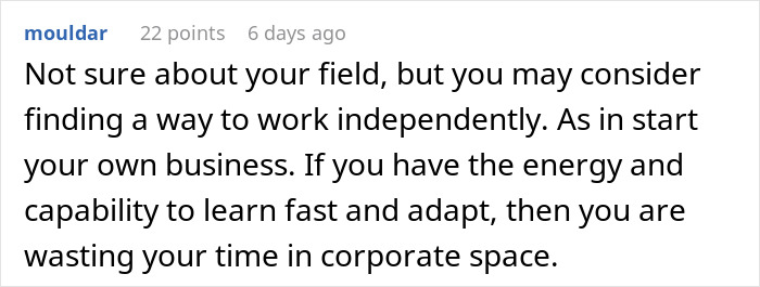 Comment text about employee overworking and advice on working independently or starting a business. Comment text about employee overworking and advice on working independently or starting a business.