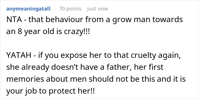 Comment discussing boyfriend-daughter snitch drama, criticizing behavior towards an 8-year-old and emphasizing protection.