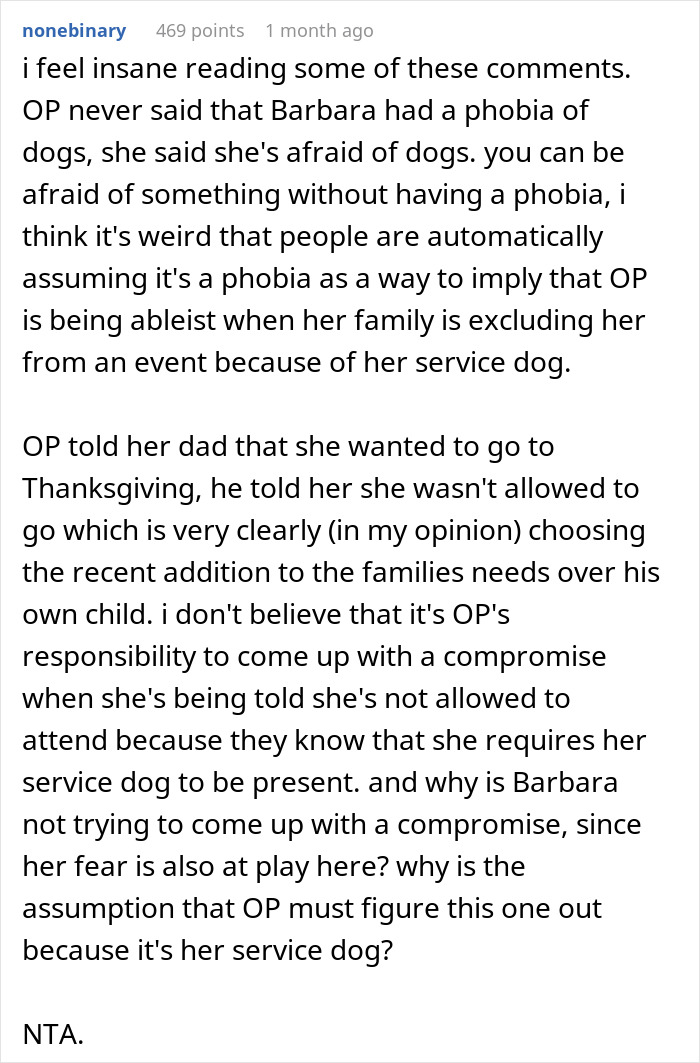 Comment discussing a woman with a service dog involved in Thanksgiving drama over family exclusion and fear of dogs. Comment discussing a woman with a service dog involved in Thanksgiving drama over family exclusion and fear of dogs.