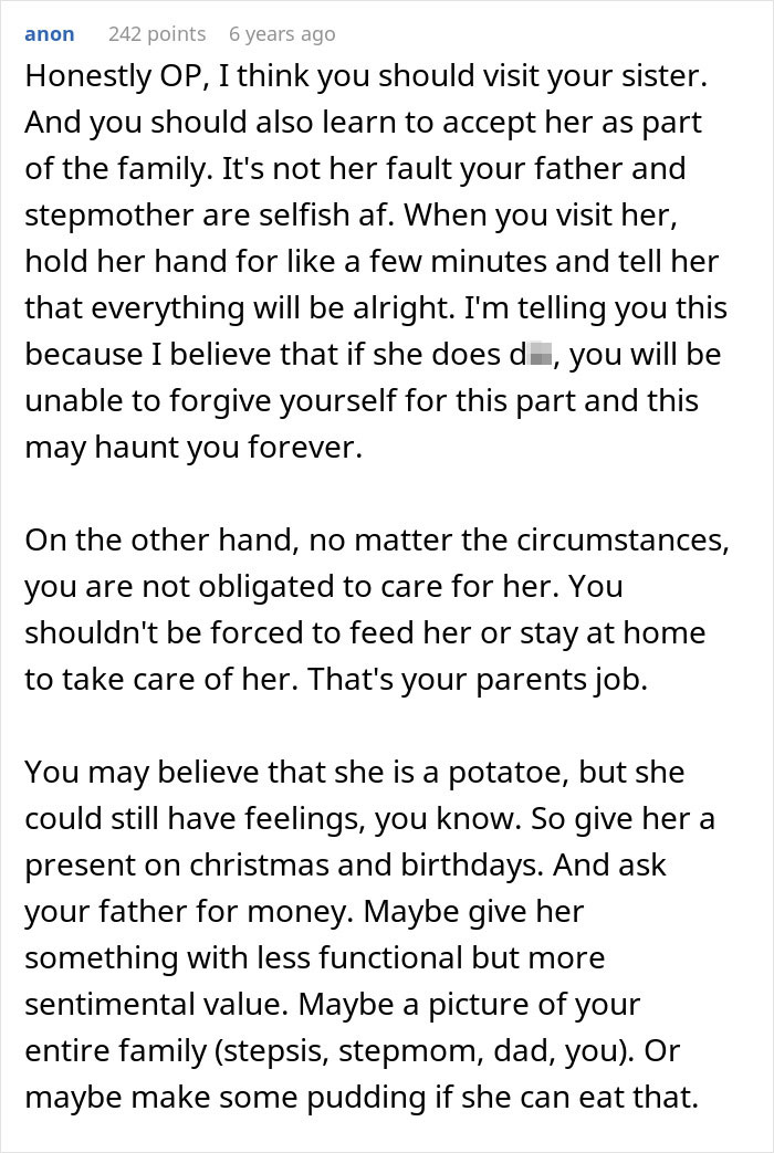 Text post discussing a sad teen who refuses hospital visit to their special needs stepsister, with advice on family care. Text post discussing a sad teen who refuses hospital visit to their special needs stepsister, with advice on family care.