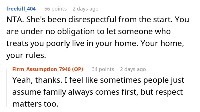 Screenshot of online comments discussing a woman refusing to let her homeless sister-in-law move in due to disrespect. Screenshot of online comments discussing a woman refusing to let her homeless sister-in-law move in due to disrespect.