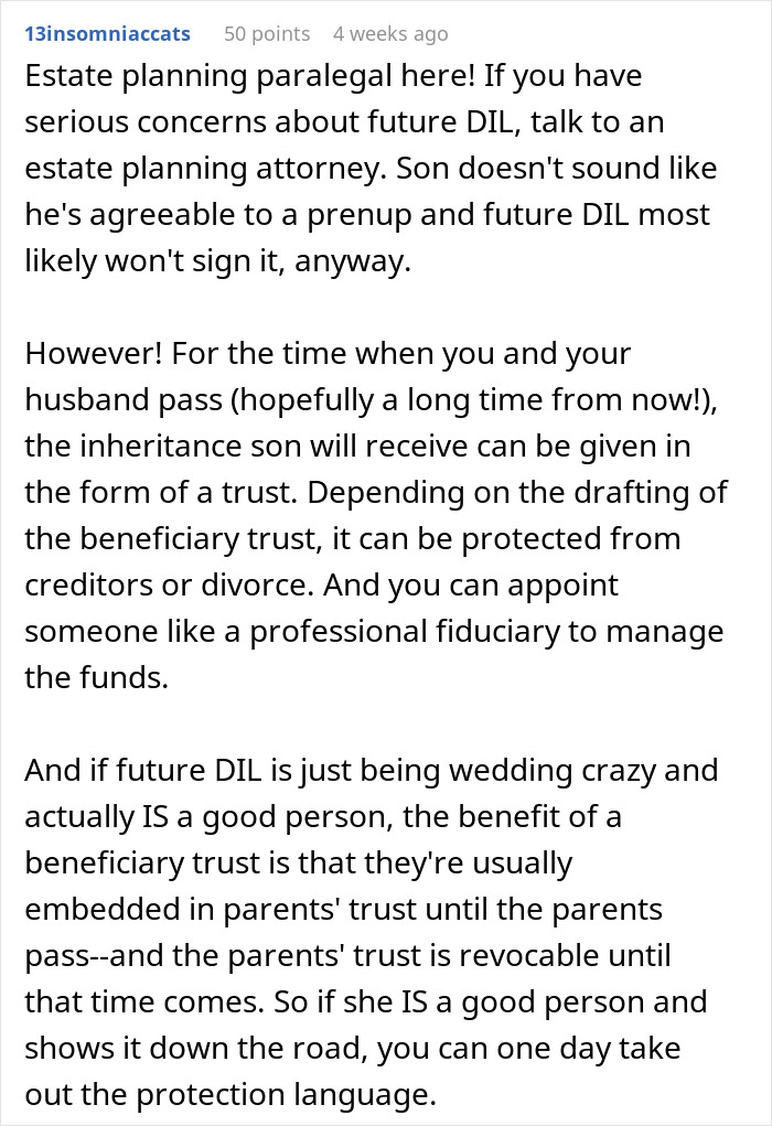 Text post discussing concerns about a future daughter-in-law demanding an expensive wedding and the wealthy in-laws requesting a prenup. Text post discussing concerns about a future daughter-in-law demanding an expensive wedding and the wealthy in-laws requesting a prenup.