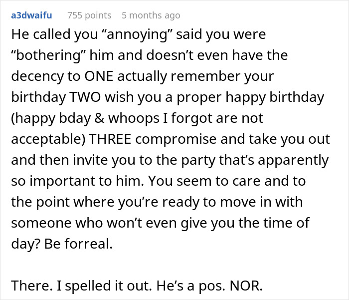 Screenshot of online comment criticizing a guy for forgetting his girlfriend's birthday and demanding apologies for bothering him. Screenshot of online comment criticizing a guy for forgetting his girlfriend's birthday and demanding apologies for bothering him.