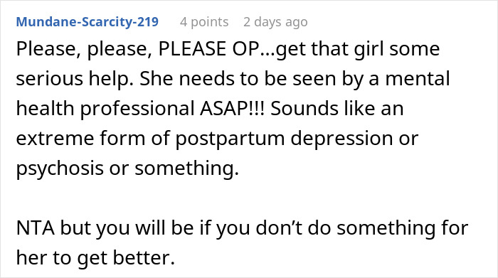 Comment urging urgent mental health help for a sibling refusing newborn nephew care, mentioning postpartum depression signs. Comment urging urgent mental health help for a sibling refusing newborn nephew care, mentioning postpartum depression signs.