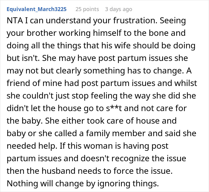 Comment explaining frustration about stay-at-home mom duties and the reality of post-partum challenges affecting family dynamics. Comment explaining frustration about stay-at-home mom duties and the reality of post-partum challenges affecting family dynamics.