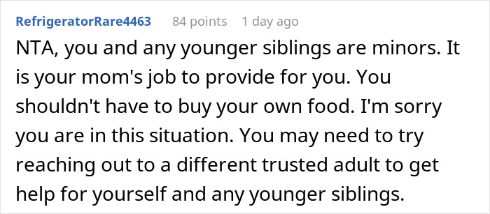 Screenshot of a Reddit comment discussing a 17-year-old calling out mom for retiring from parenting and kids buying their own food. Screenshot of a Reddit comment discussing a 17-year-old calling out mom for retiring from parenting and kids buying their own food.
