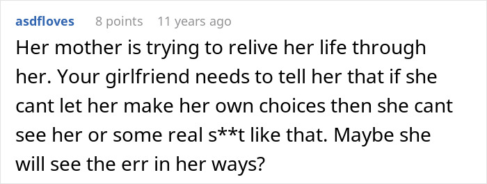 Comment discussing how a mom destroys her daughter’s happy relationship by interfering with her dating choices.