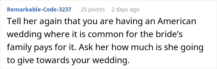 Comment discussing American wedding culture where the bride’s family typically pays, asking about sister wedding money culture.
