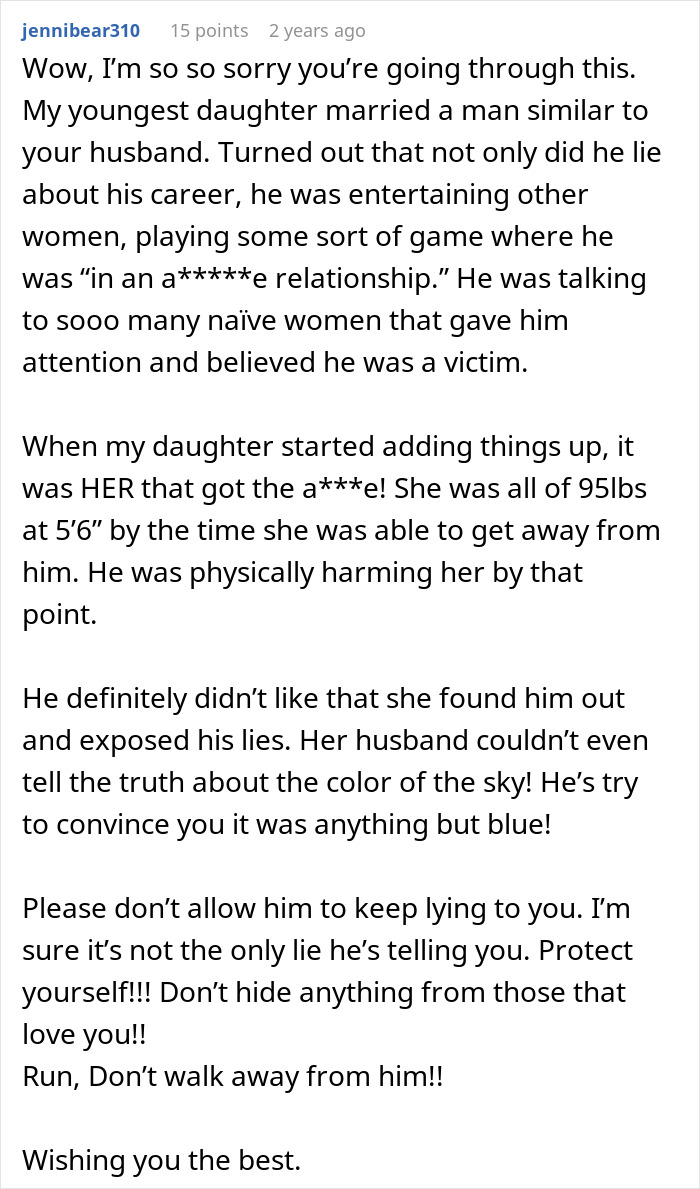 Comment expressing sympathy about a man lying about his master's degree and being exposed by his wife. Comment expressing sympathy about a man lying about his master's degree and being exposed by his wife.