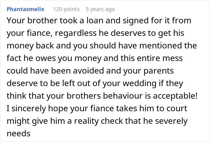 Comment discussing fiancé threatening to take bride’s brother to court causing wedding tensions with bride’s family Comment discussing fiancé threatening to take bride’s brother to court causing wedding tensions with bride’s family
