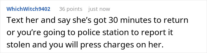 Screenshot of a comment advising to demand the borrowed car be returned within 30 minutes before reporting it stolen to police.