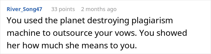 Comment about a guy writing wedding vows with ChatGPT, causing the bride to run away from the altar, highlighting AI users' challenges. Comment about a guy writing wedding vows with ChatGPT, causing the bride to run away from the altar, highlighting AI users' challenges.