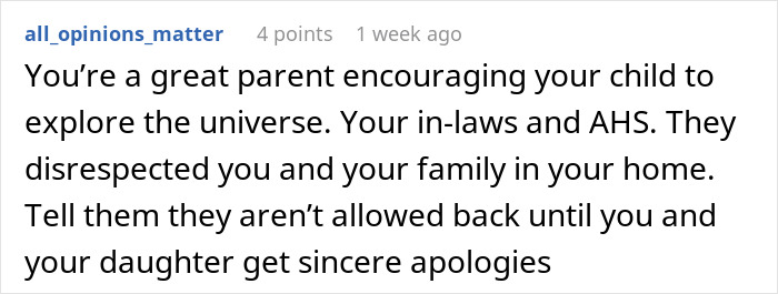 Commenter advising a parent on handling in-laws mocking daughter’s paganism and bringing forbidden foods at home.