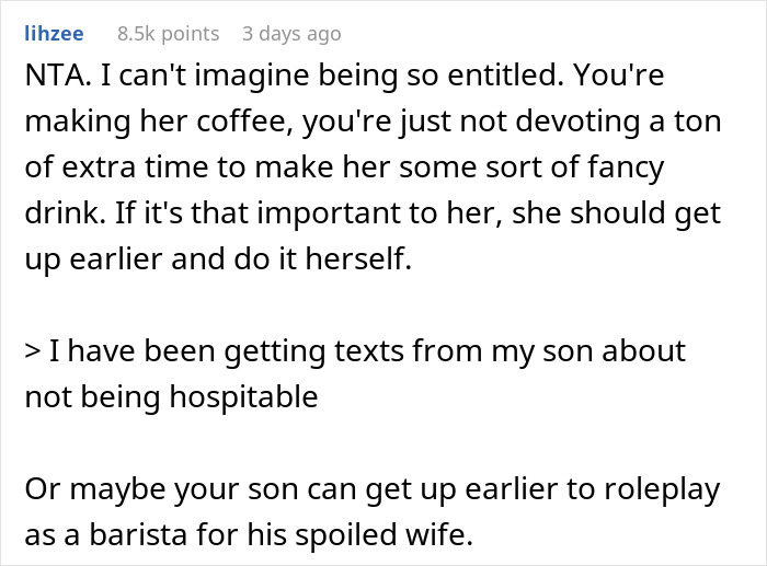 Screenshot of a Reddit comment discussing MIL offering to make morning coffee for DIL but ignoring fancy recipe requests. Screenshot of a Reddit comment discussing MIL offering to make morning coffee for DIL but ignoring fancy recipe requests.