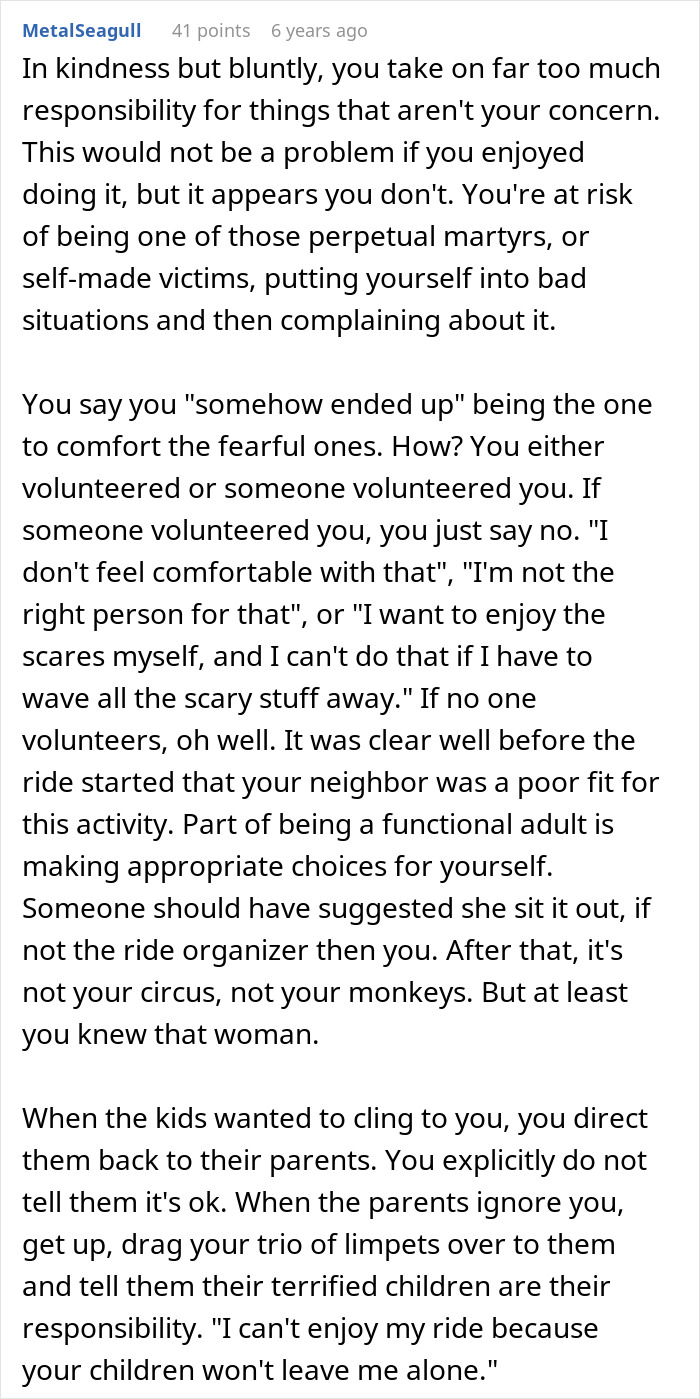 Comment on entitled parents ignoring scared kids during a haunted hayride, making strangers handle the children's fears. Comment on entitled parents ignoring scared kids during a haunted hayride, making strangers handle the children's fears.